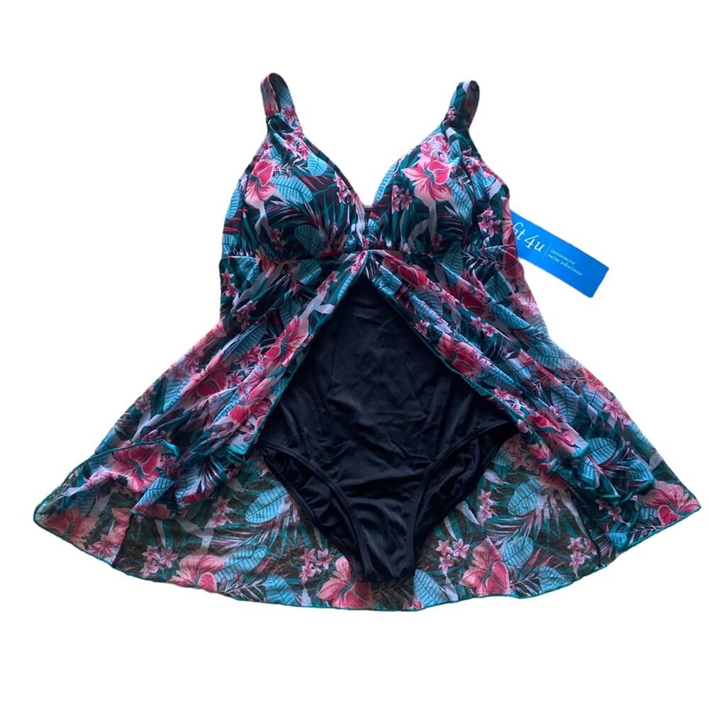 NWT Size 18W Fit for ur Thighs One Piece Floral Bathing Suit with attached cover